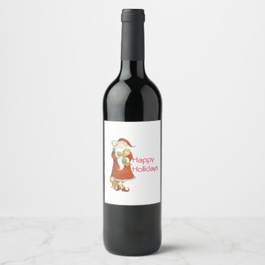 Whimsical Santa and Cats Holiday Wijn Etiket (Voorkant)