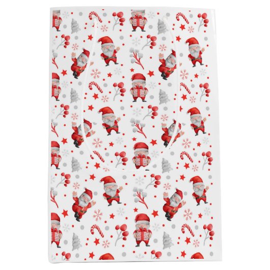 Whimsical Santa Claus, Candy Canes, Trees, Stars W Medium Cadeauzakje (Voorkant)