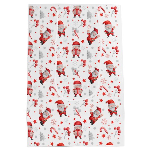 Whimsical Santa Claus, Candy Canes, Trees, Stars W Medium Cadeauzakje (Achterkant)