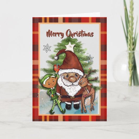 Whimsical Santa, Deer & Elf Boy Plaid Christmas Feestdagen Kaart (Voorkant)