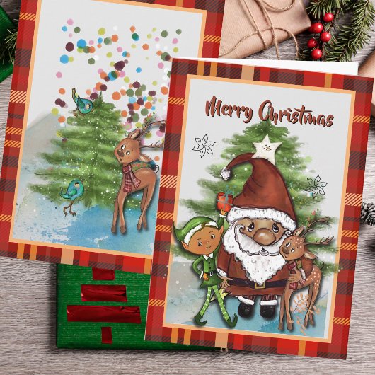 Whimsical Santa, Deer & Elf Boy Plaid Christmas Feestdagen Kaart