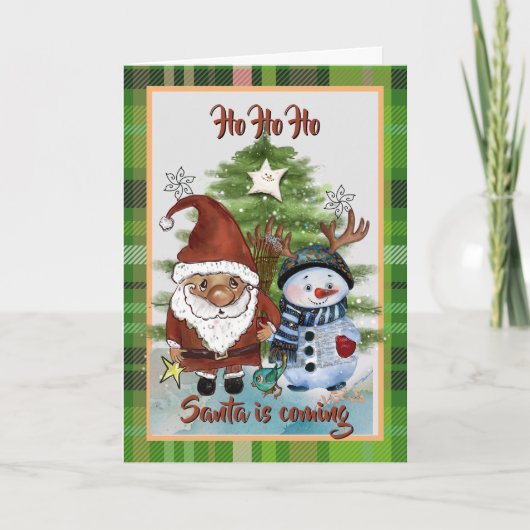 Whimsical Santa, Deer & Elf Plaid Christmas Card Feestdagen Kaart (Voorkant)