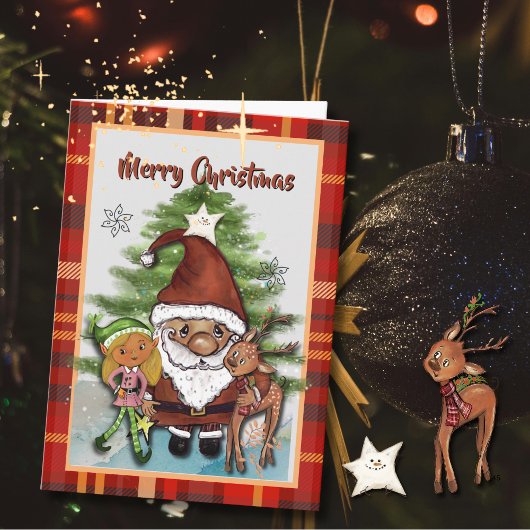 Whimsical Santa, Deer & Elf Plaid Christmas Card  Feestdagen Kaart