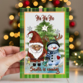 Whimsical Santa, Deer & Elf Plaid Christmas Card Feestdagen Kaart