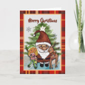 Whimsical Santa, Deer & Elf Plaid Christmas Card  Feestdagen Kaart (Voorkant)
