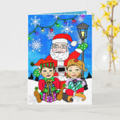Whimsical Santa en Elves Kerstmis Kaart (Gele Bloem)