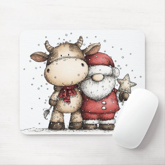 Whimsical Santa & Moo-Moo Holiday Christmas Cheer Muismat (Met muis)