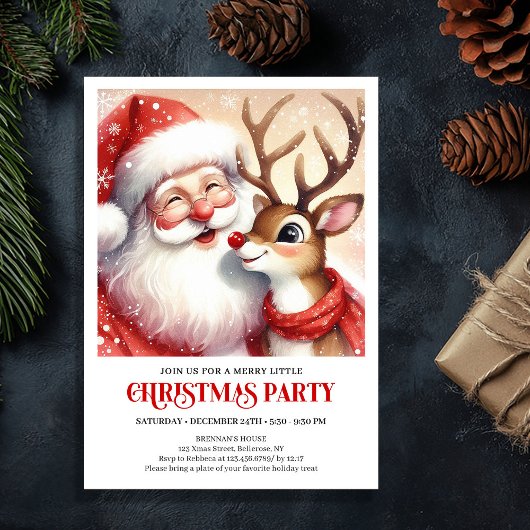 Whimsical Santa Rudolph Holiday Celebration Invite Kaart