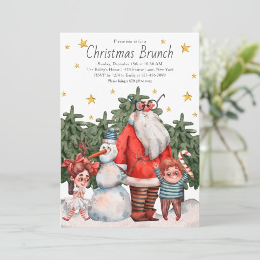 Whimsical Santa Snowman Kinder Kerstman Brunch Kaart (Staand voorkant)