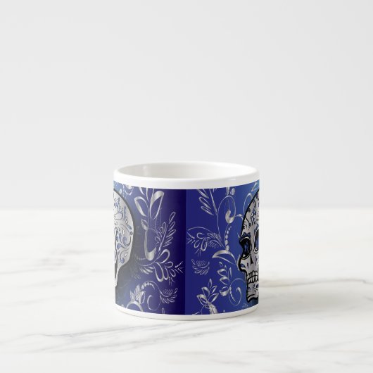Whimsical sapphire blue en Silver skull Espresso Kop (Voorkant)
