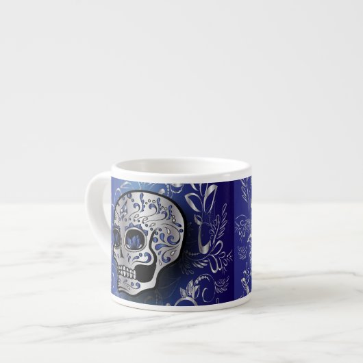 Whimsical sapphire blue en Silver skull Espresso Kop (Links)