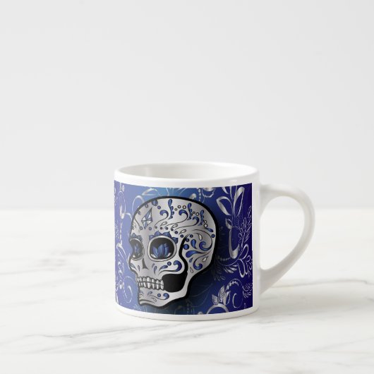 Whimsical sapphire blue en Silver skull Espresso Kop (Rechts)