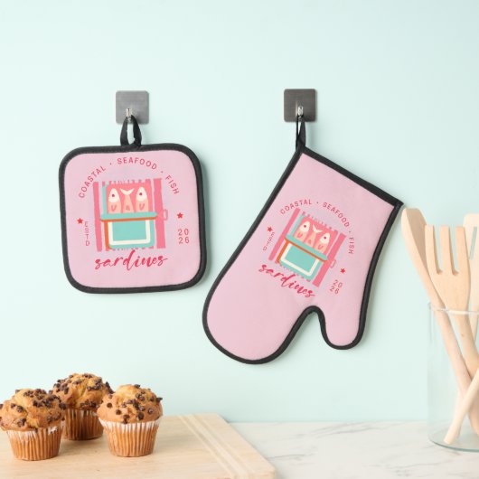 Whimsical Sardines Coastal Beach Pink Ovenwant & Pannenlap Set (Insitu(Ophanging))