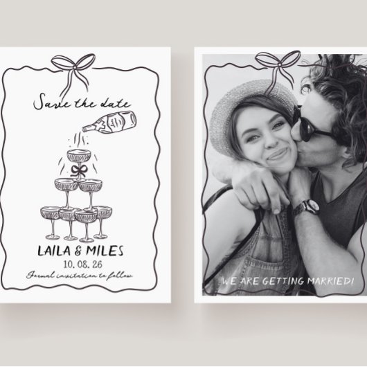 Whimsical Save the date champagne tower wedding