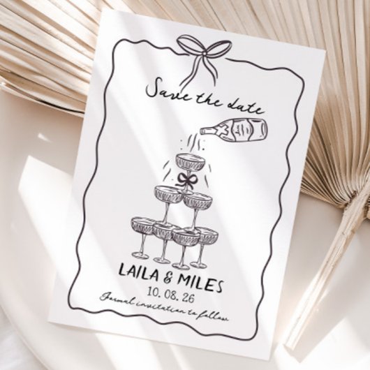 Whimsical Save the date champagne tower wedding