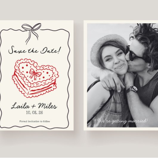 Whimsical Save the date wedding cake heart card 