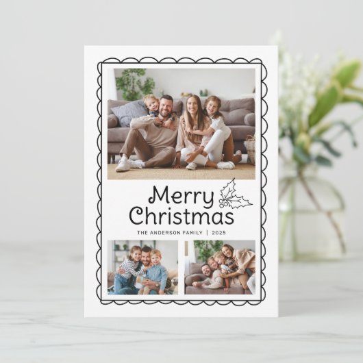Whimsical Scalloped Doodle Lijst Foto Kerst Feestdagenkaart (Staand voorkant)