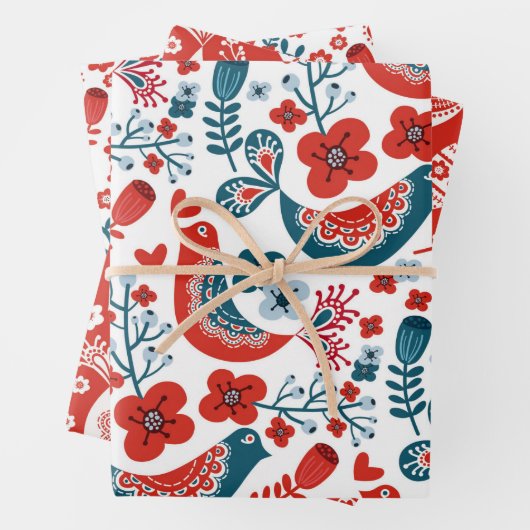 Whimsical Scandinavische kerstvogels Inpakpapier Vel (In situ)