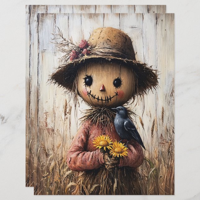 Whimsical Scarecrow and Sunflowers Scrapbook Paper (Voorkant / Achterkant)