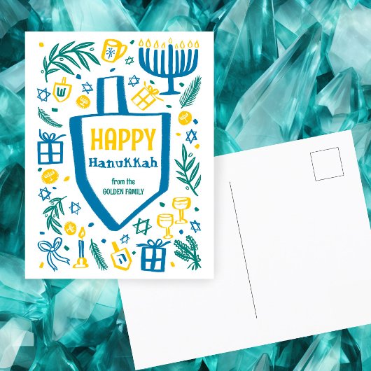Whimsical Schattige Dreidel Menorah CUSTOM HANUKKA Feestdagenkaart