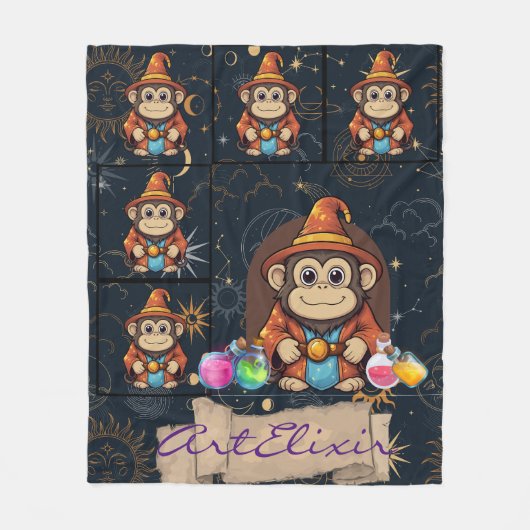 Whimsical Schattige Kawaii Wizard Monkey Print Fleece Deken (Voorkant)