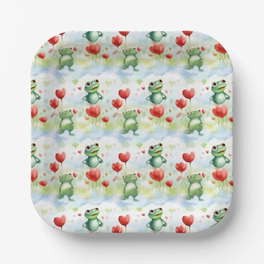 Whimsical schattige kikkers met rode ballonnen papieren bordje (Voorkant)
