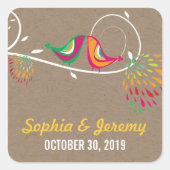 Whimsical Schattige Kussen Zomervogels Kraft Bruil Vierkante Sticker (Voorkant)