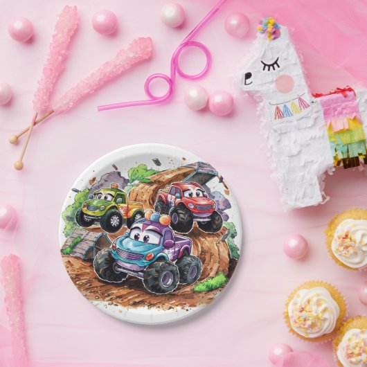 Whimsical Schattige Monster Truck Verjaardag Papieren Bordje (Feest)