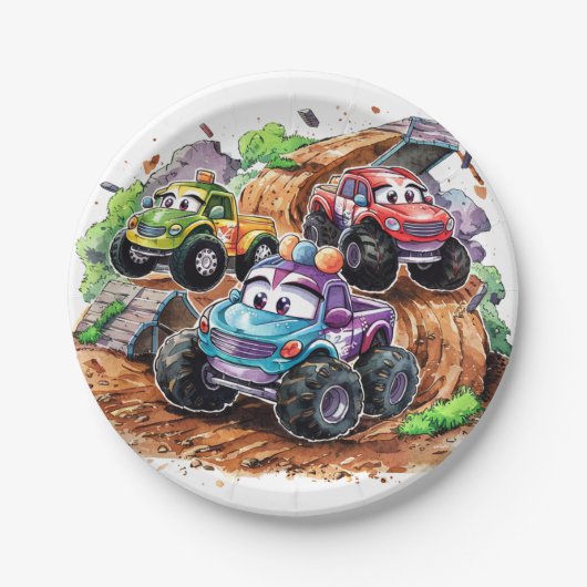 Whimsical Schattige Monster Truck Verjaardag Papieren Bordje (Voorkant)