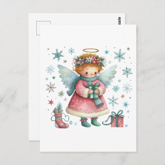 Whimsical Schattige Roze en Blauwe Kerst Engel Briefkaart (Voorkant / Achterkant)