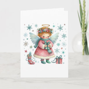 Whimsical Schattige Roze en Blauwe Kerst Engel Kaart