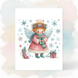Whimsical Schattige Roze en Blauwe Kerst Engel Kaart