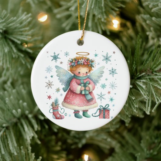 Whimsical Schattige Roze en Blauwe Kerst Engel Keramisch Ornament (Boom)