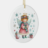Whimsical Schattige Roze en Blauwe Kerst Engel Keramisch Ornament (Rechts)