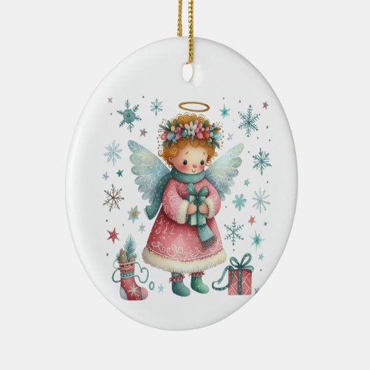Whimsical Schattige Roze en Blauwe Kerst Engel Keramisch Ornament (Rechts)