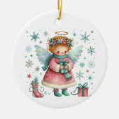 Whimsical Schattige Roze en Blauwe Kerst Engel Keramisch Ornament (Voorkant)