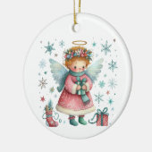 Whimsical Schattige Roze en Blauwe Kerst Engel Keramisch Ornament (Links)