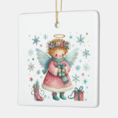 Whimsical Schattige Roze en Blauwe Kerst Engel Keramisch Ornament (Links)
