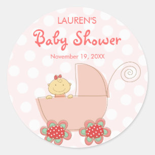 Whimsical Schattige Roze Pram Meisje Baby shower S Ronde Sticker