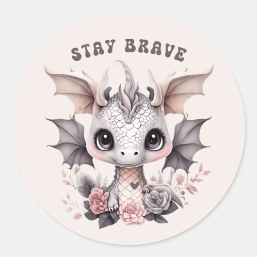Whimsical Schattige Roze "Stay Brave" Little Drago Ronde Sticker (Voorkant)