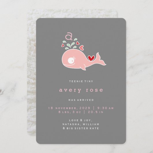 Whimsical Schattige roze walvis monogram baby meis Aankondiging (Voorkant / Achterkant)