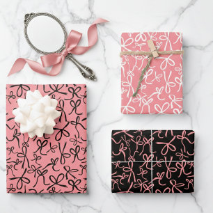 Whimsical Schattige Roze Zwart Bogen Patroon Girly Inpakpapier Vel