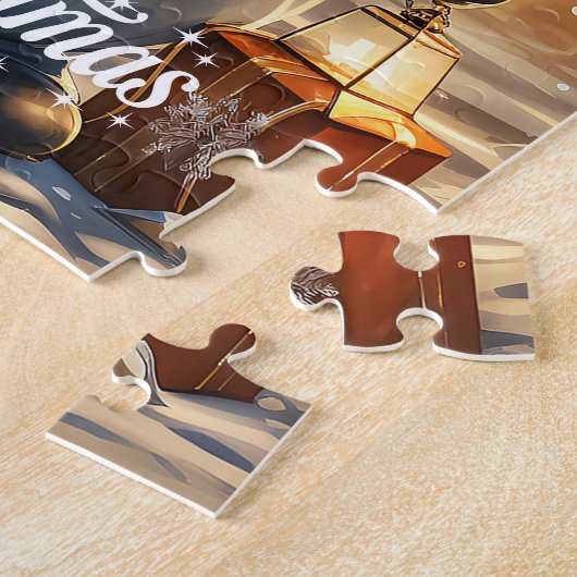 Whimsical schattige sneeuwman met kerstlantaarn legpuzzel (Zijkant)