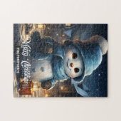 Whimsical schattige sneeuwman met kerstlantaarn legpuzzel (Horizontaal)