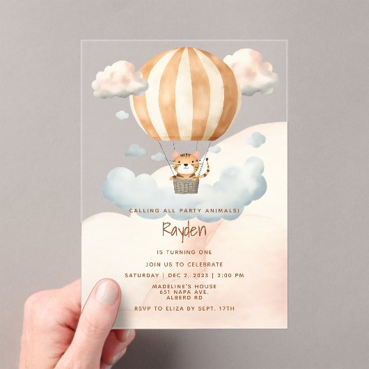 Whimsical Schattige Tiger Hete Luchtballon 1e Verj Acryl Uitnodigingen (Insitu (Draagbaar))