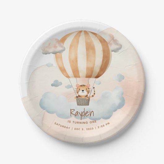 Whimsical Schattige Tiger Hete Luchtballon 1e Verj Papieren Bordje (Voorkant)