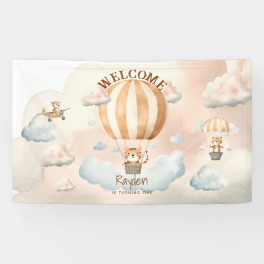 Whimsical Schattige Tiger Hete Luchtballon 1e Verj Spandoek (Horizontaal)