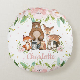 Whimsical Schattige Woodland Animals Pink Blush Fl Rond Kussen