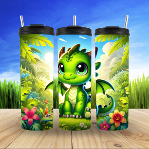 Whimsical Schattigee Green Dragon Cartoon Thermosbeker