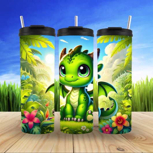 Whimsical Schattigee Green Dragon Cartoon Thermosbeker